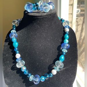 Shades of Blue Beaded Necklace and Bracelet Set on Elastic Cord